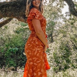 MIDI orange and pink floral wrap dress